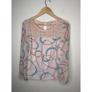 Candies Womens Size Medium Long Sleeve Blouse Chain Print Top Lace Accent Pink